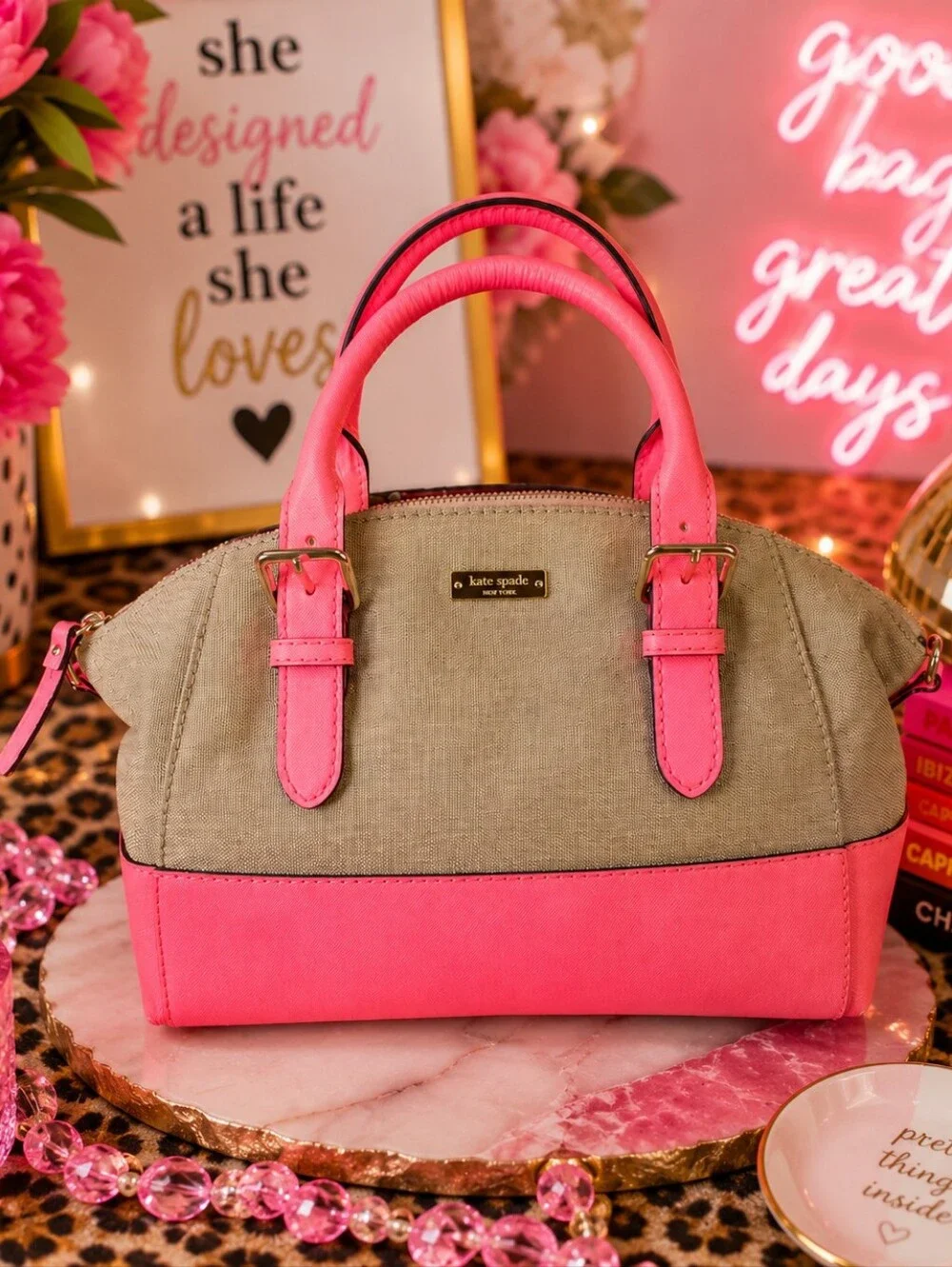 Kate Spade Coral Pink Canvas Satchel Storybook Lining